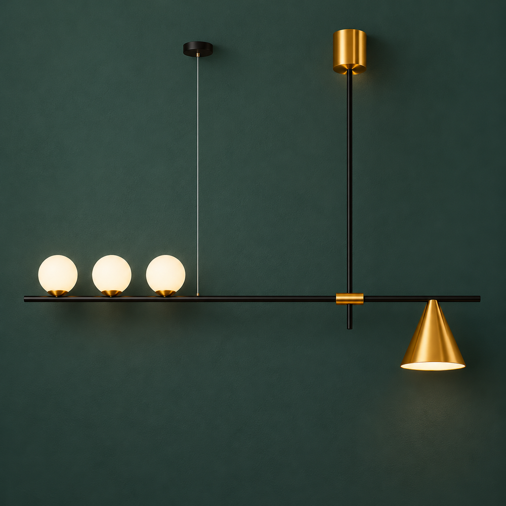 Modern pendant light with gold fixtures on a dark green wall