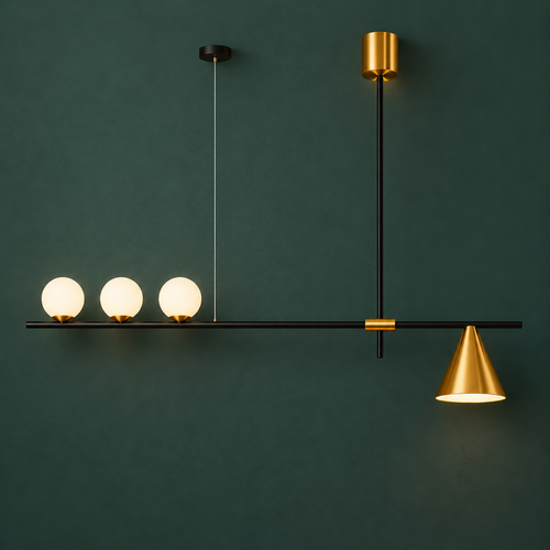 Modern pendant light with gold fixtures on a dark green wall