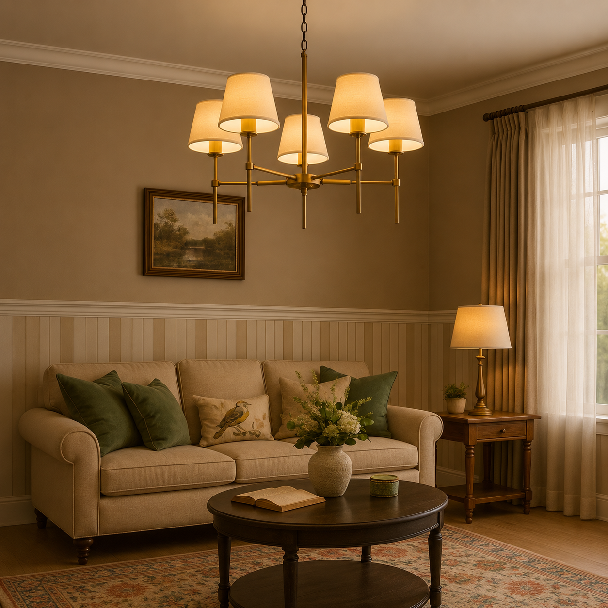 Living room with beige sofa, chandelier, and side table with lamp.
