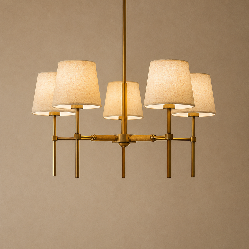Modern chandelier with five lampshades on a beige background