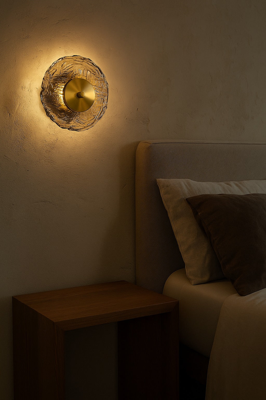 Decorative wall light fixture on a textured wall next to a bed with pillows.