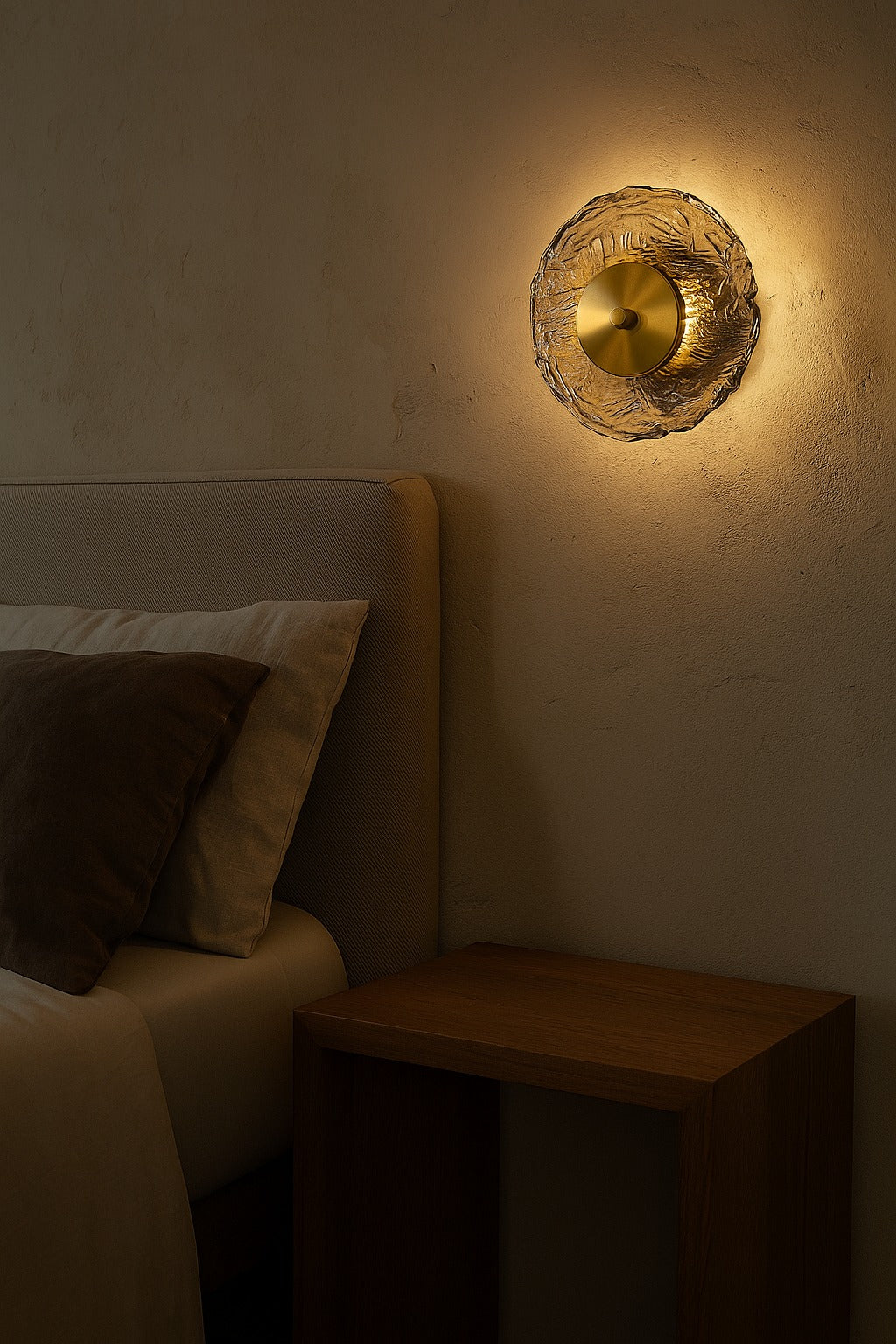 Decorative wall light fixture on a textured wall above a bed with pillows.