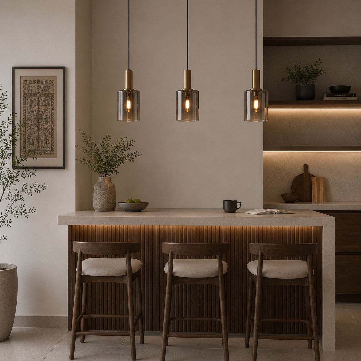 Modern kitchen with pendant lights, bar stools, and a neutral color palette.