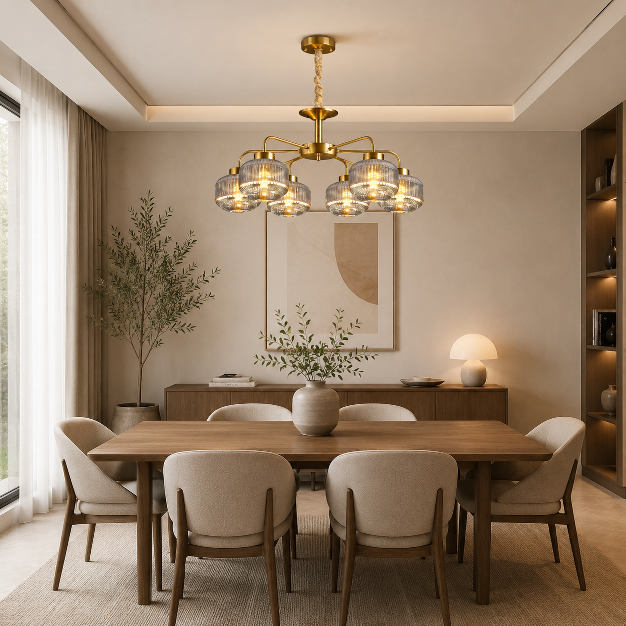 Dining room with a wooden table and chairs, featuring a modern chandelier.