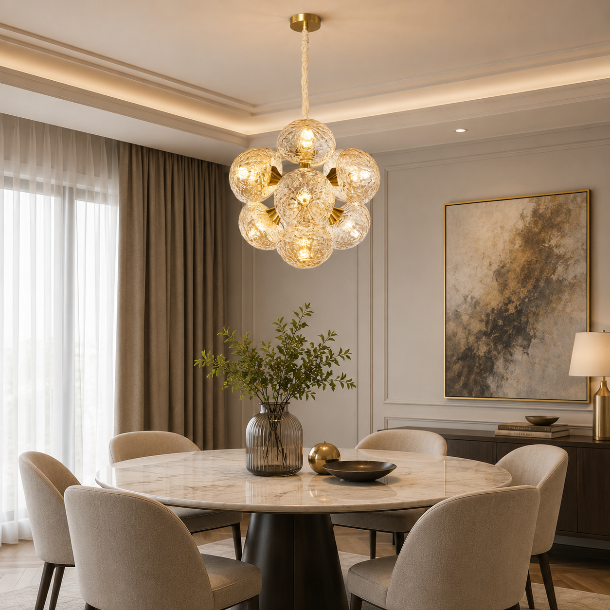 Modern dining room with a round table, chairs, and a decorative chandelier.