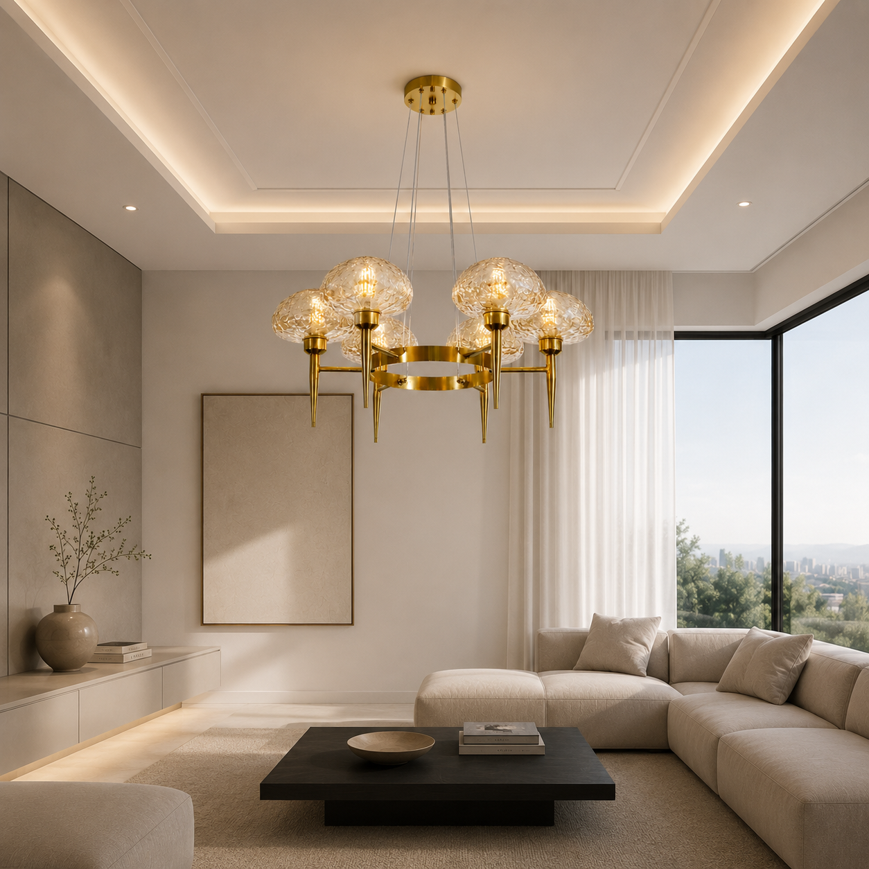 Modern living room with a gold chandelier, beige sofa, and large window.