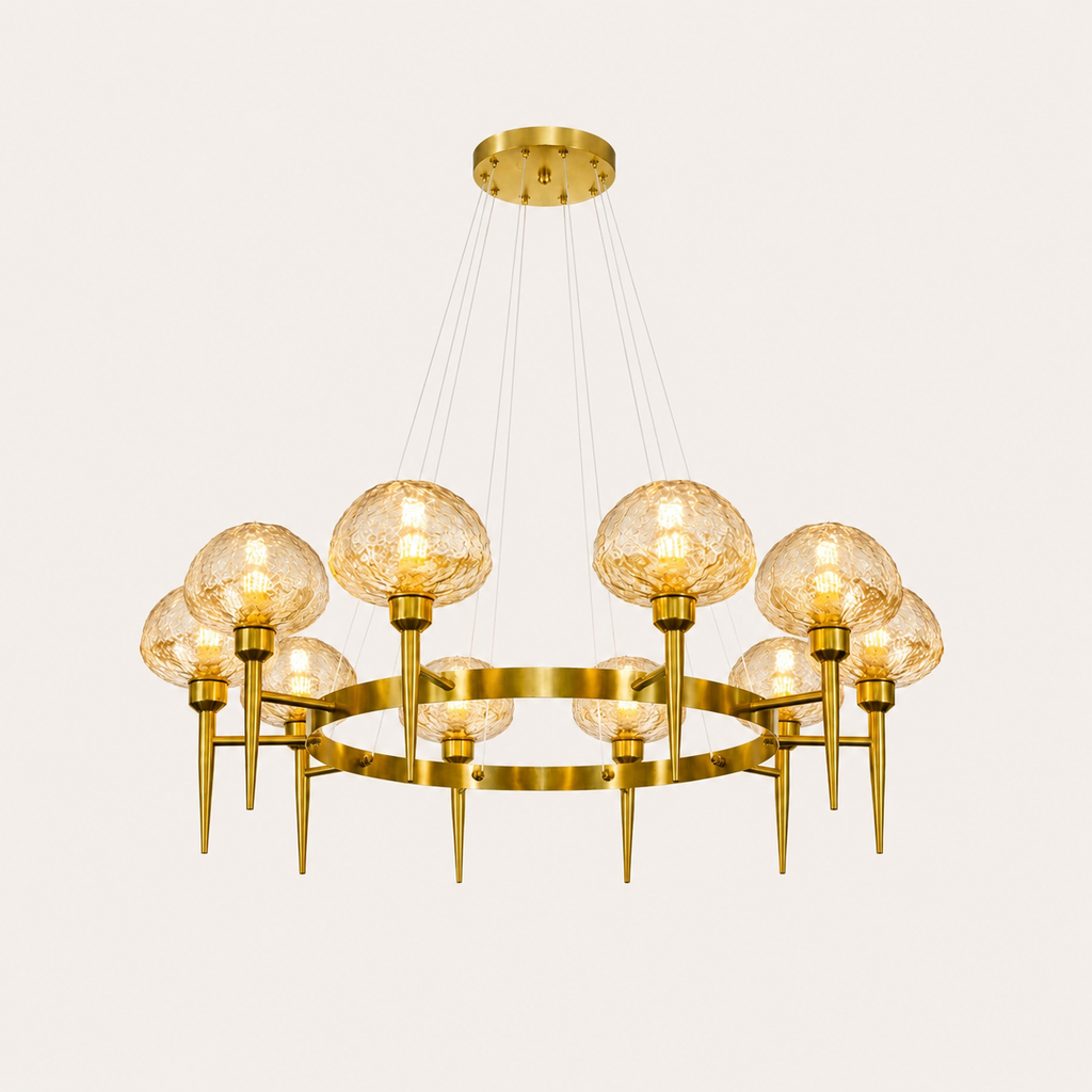 Gold chandelier with multiple glass bulbs on a white background
