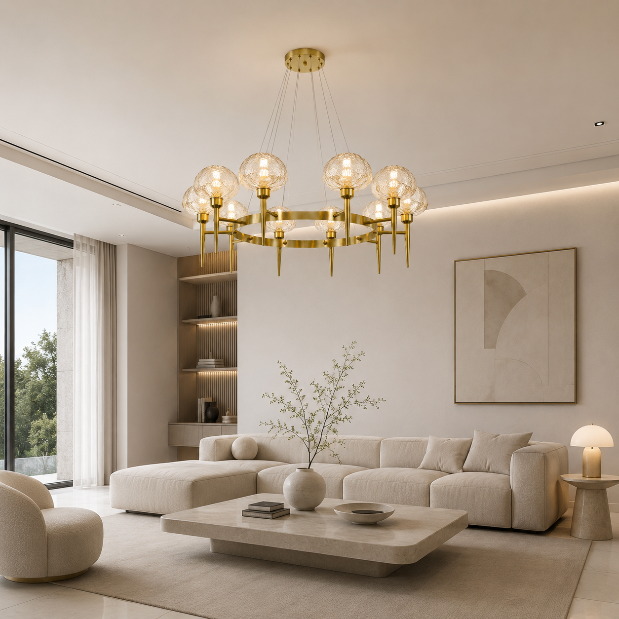 Modern living room with a gold chandelier, beige sofa, and decorative elements.
