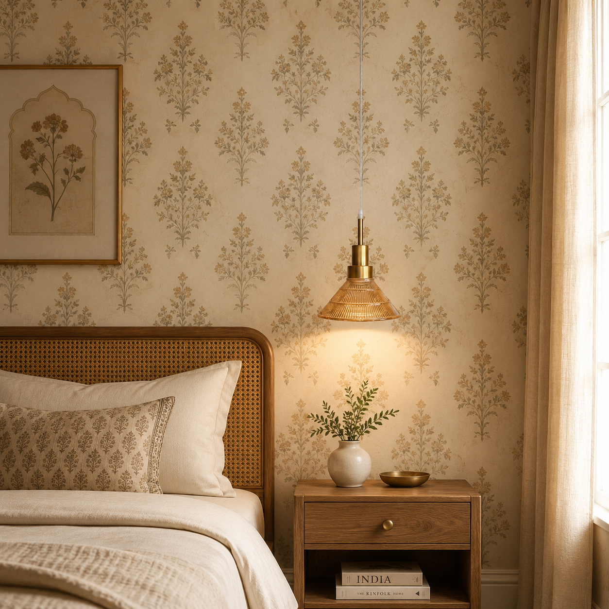 Cozy bedroom with floral wallpaper, wooden bed, and nightstand with lamp.