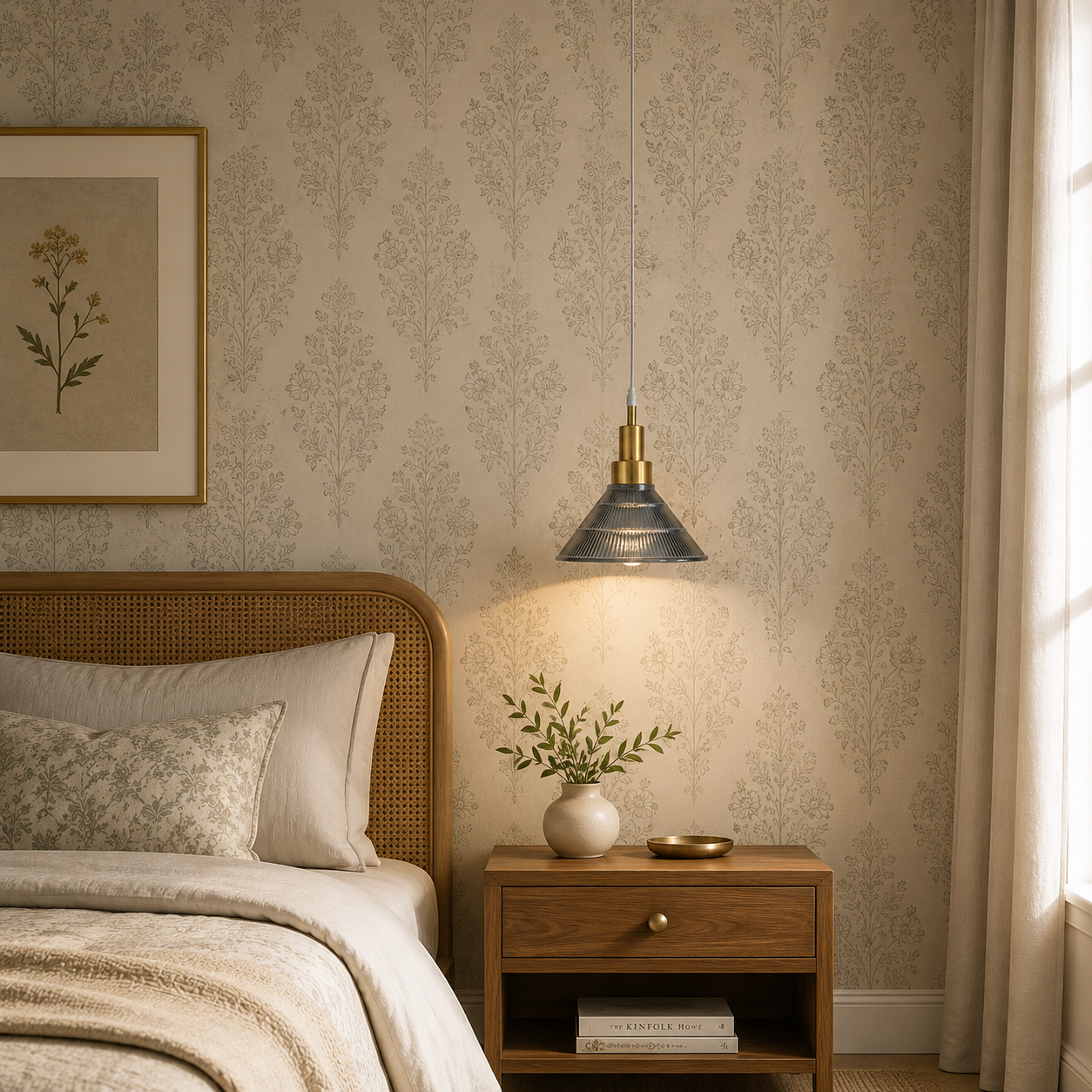 Cozy bedroom with floral wallpaper, wooden nightstand, and pendant light.