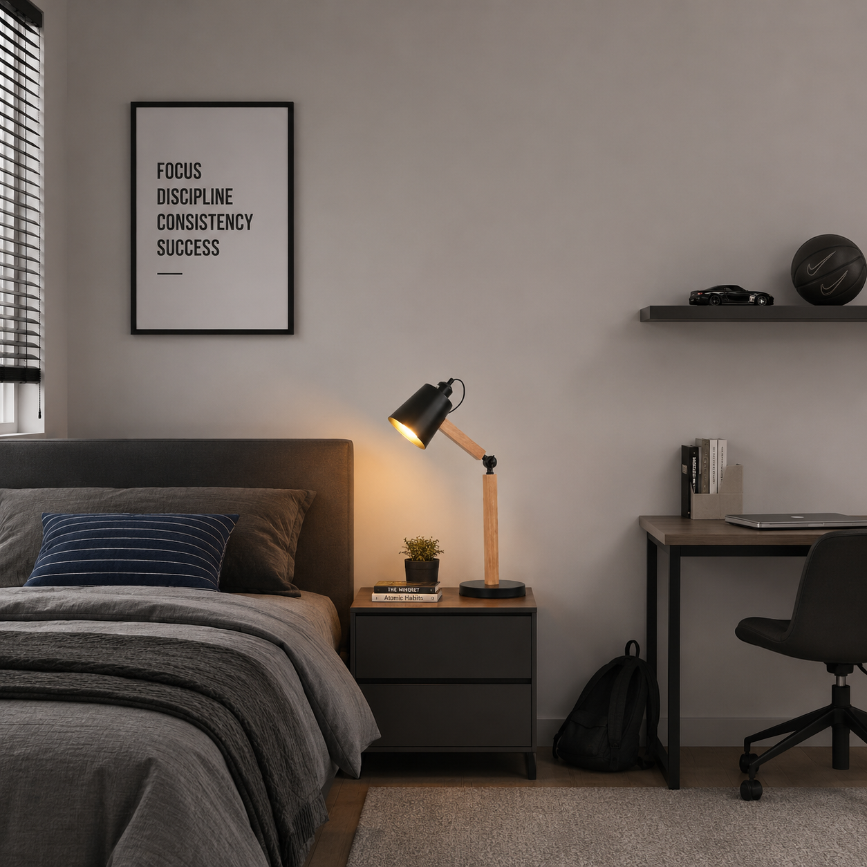 Modern bedroom with bed, desk, and motivational poster on wall