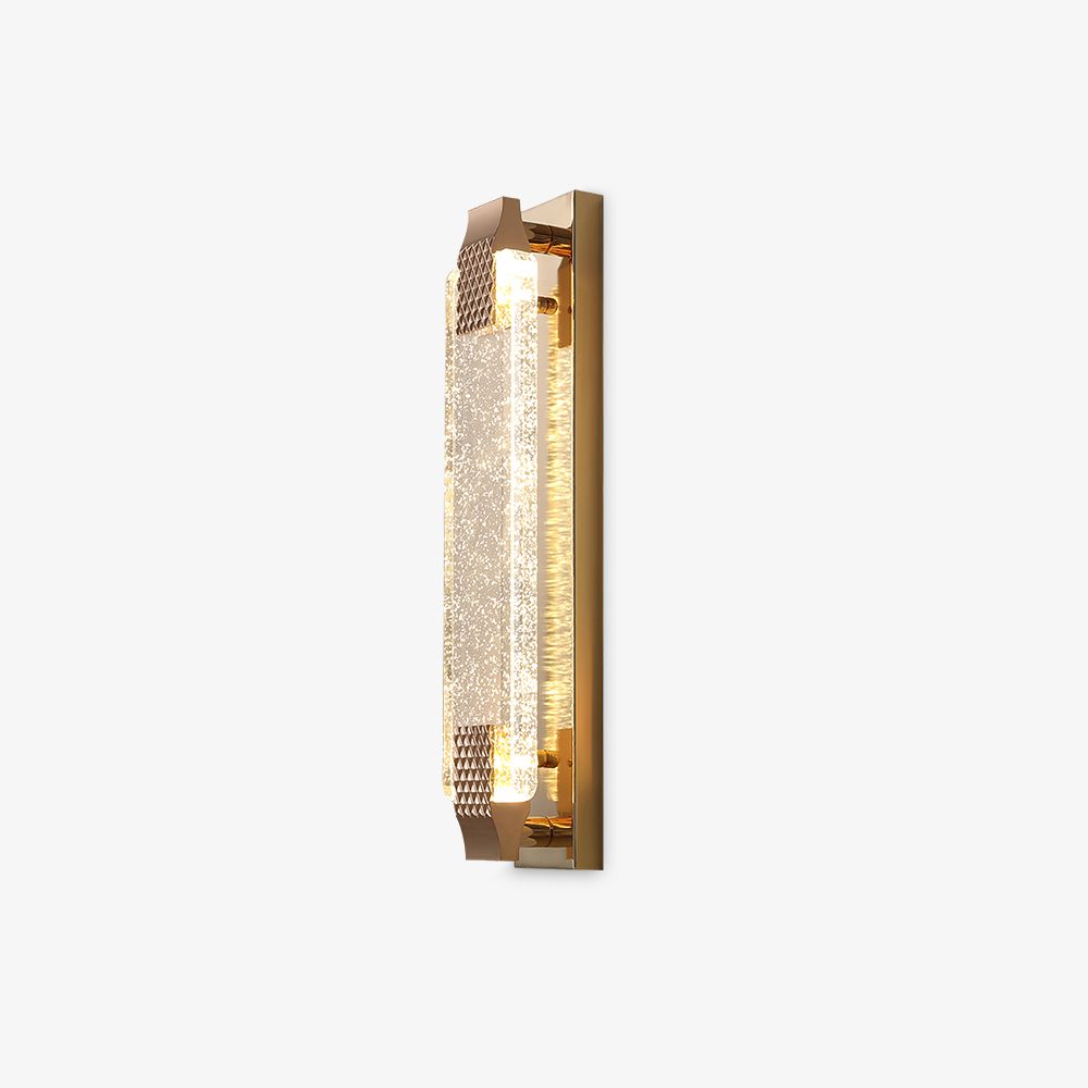 Decorative wall sconce with gold frame and textured glass on a white background