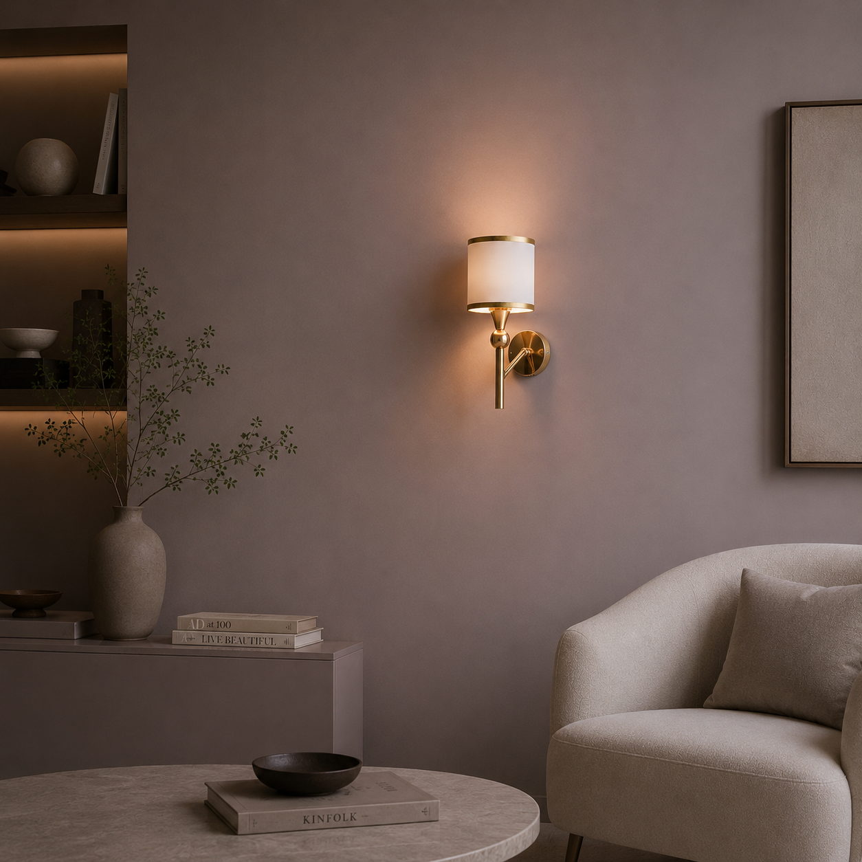 Modern living room with a wall-mounted lamp, round table, and armchair.
